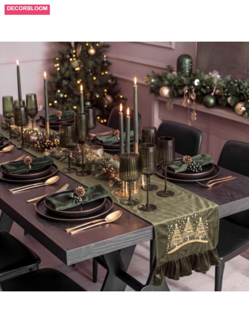 Velvet Table Runner Ruffled Embroidered Tree 13x72 - Picture 4 of 6